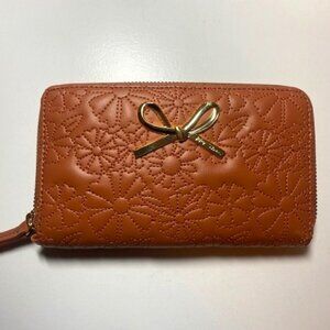 Betsey Johnson Light Brown Faux Leather Wristlet Long Wallet Floral Pattern